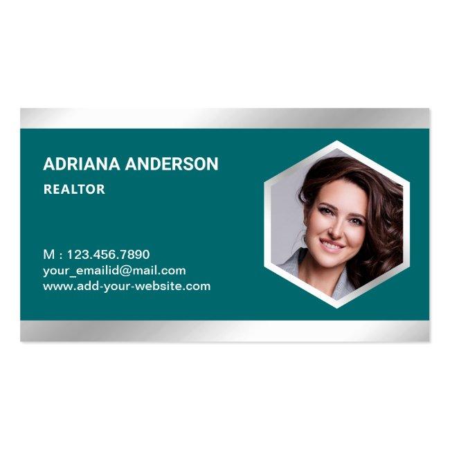 Teal Steel Silver Real Estate Photo Realtor Business Card