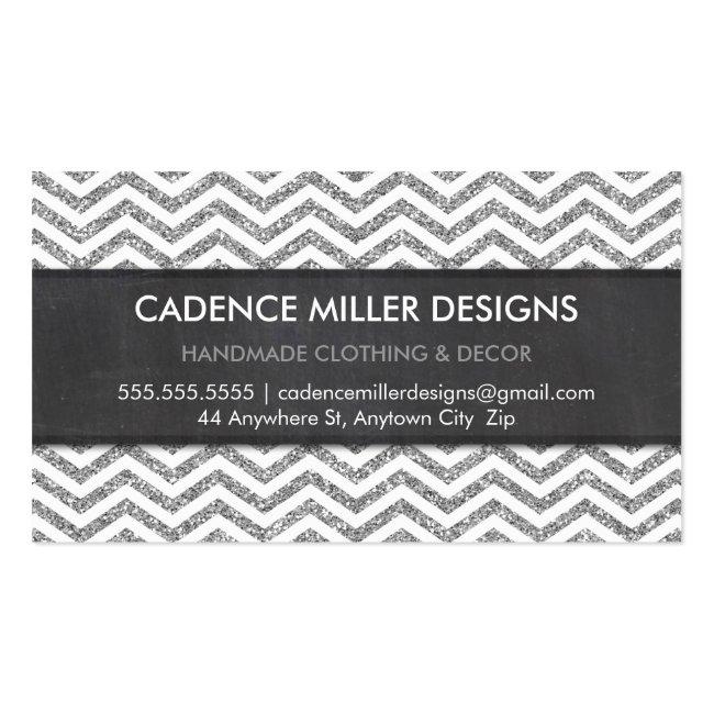 Trendy Stripe Chevron Silver Glitter Chalkboard Business Card