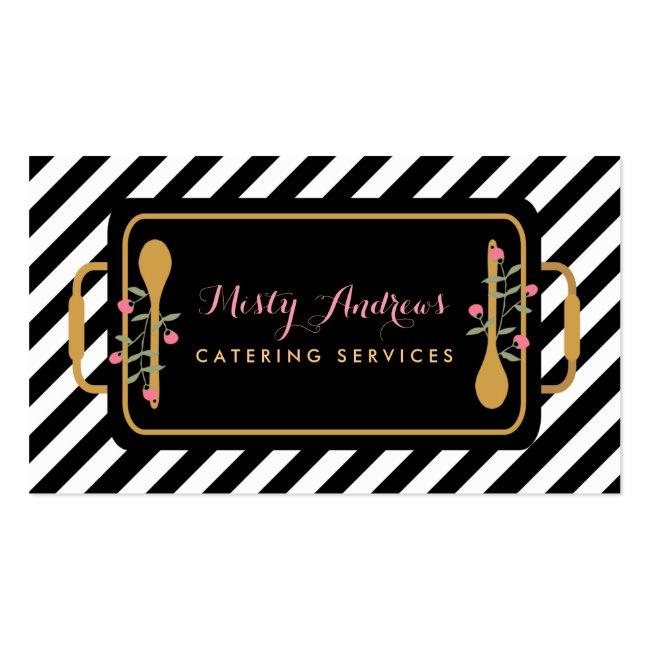 Trendy Stripes Party Caterer Floral Serving Tray Business Card