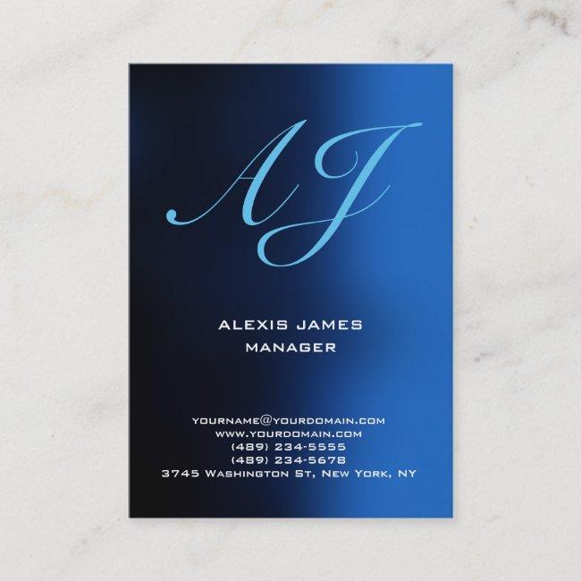 Trendy Unique Blue Vertical Handwriting Monogram Business Card