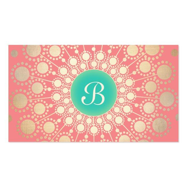 Unique Turquoise, Gold, Pink Coral Monogram Business Card