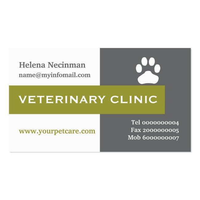 Vet/veterinary Clinic Paw Olive Green Eye-catching Business Card