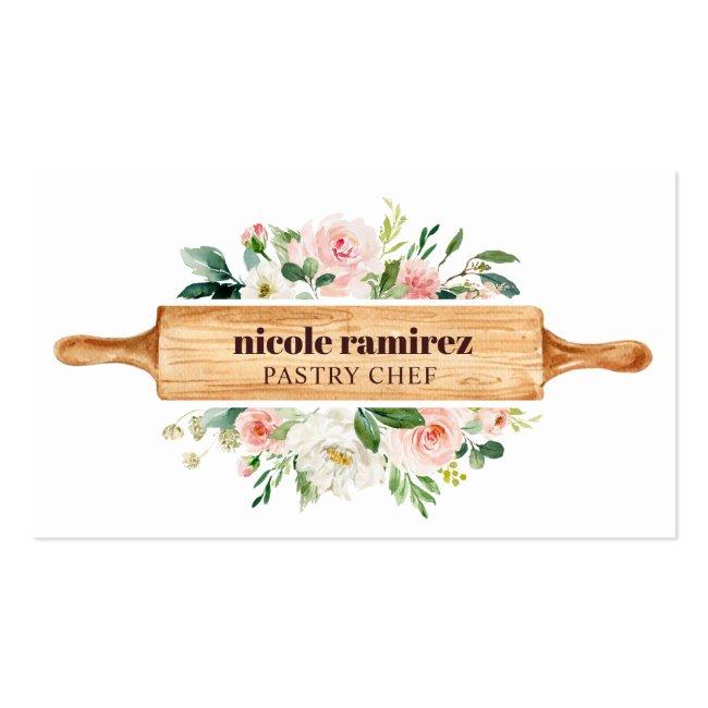 Watercolor Floral Bakery Rolling Pin Patisserie Business Card