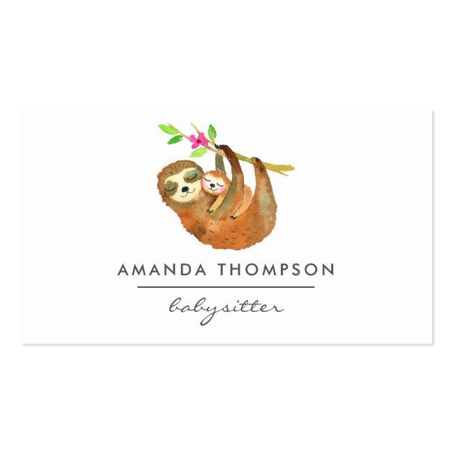 Watercolor Sloth Themed Babysitter Business Card