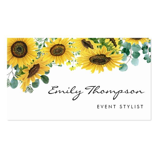 Watercolor Sunflowers And Eucalyptus Leaves Script Business Card