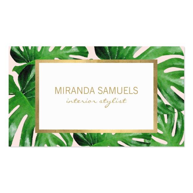 Watercolor Tropical Monstera Leaves Pattern Pink Business Card