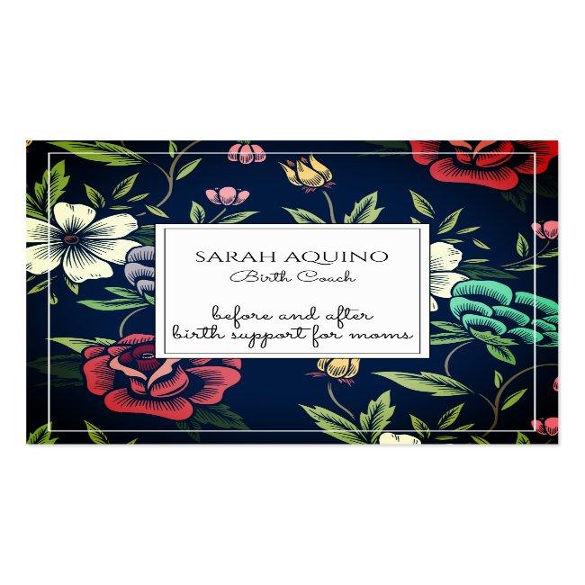 Whimsical Monogrammed Floral Birth Coach Doula Square Business Card