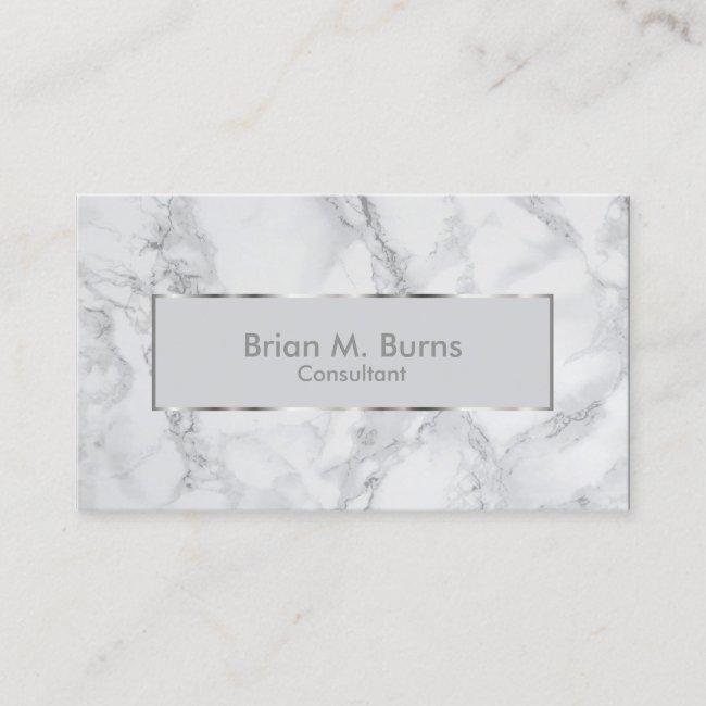 White And Gray Marble And Metallic Silver Design Business Card