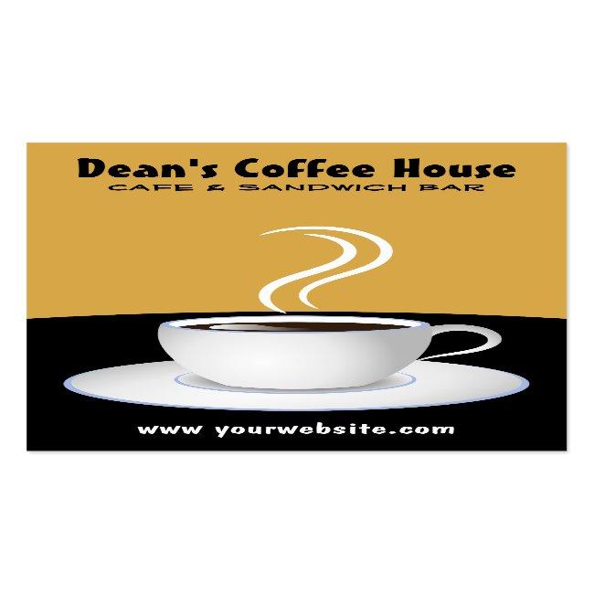 White Cup Of Steaming Coffee Black And Beige Cafe Business Card