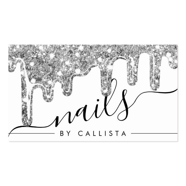 White Silver Chunky Glitter Thick Drips Nails Business Card