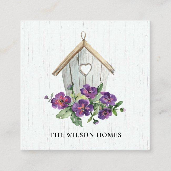 White Wooden Floral Birdhouse Real Estate Realtor Square Business Card