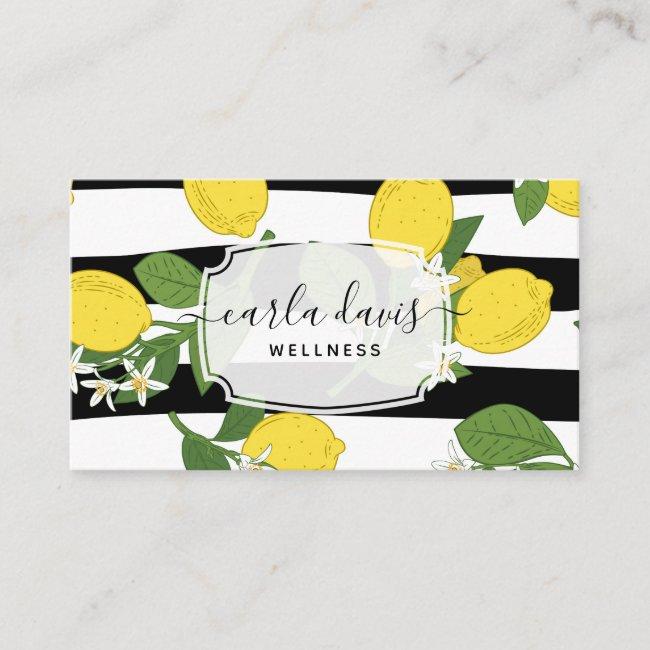 Yellow Lemon Fruit Citrus Floral Botanical Striped Business Card