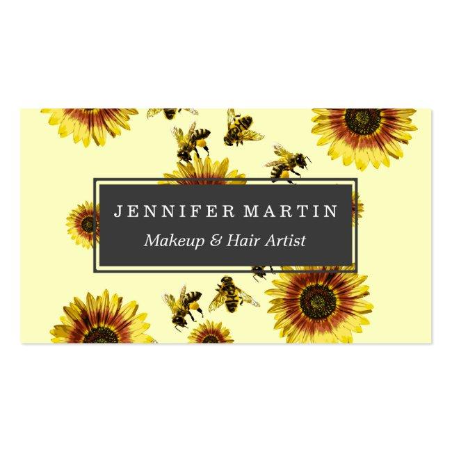 Yellow Sunflowers And Honey Bees Summer Pattern Business Card