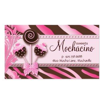 Small 311 Cake Pops Business Card Bakery Pink Brwn Zebra Front View