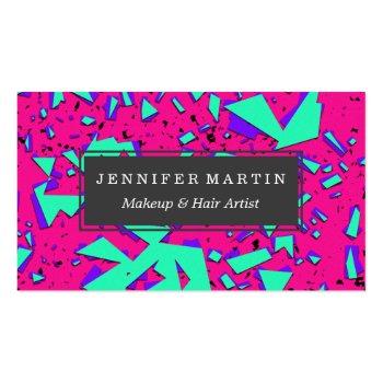Small 90s Teal And Pink Abstract Geometric Pattern Business Card Front View