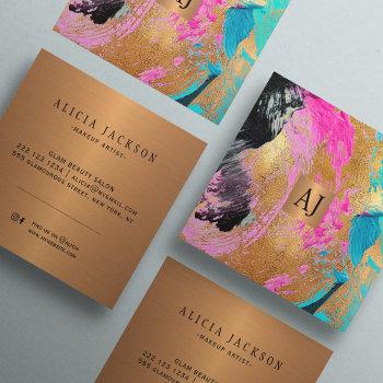 abstract acrylic paint copper gold glam monogram square business card