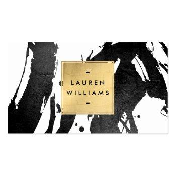 Small Abstract Black Brushstrokes With Faux Gold Foil Business Card Front View
