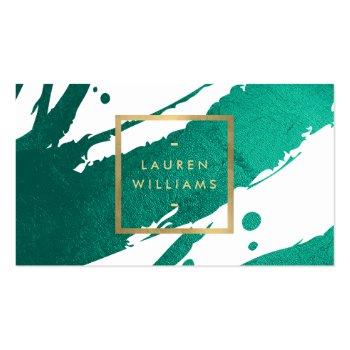 Small Abstract Emerald Green Brushstrokes Business Card Front View