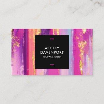 abstract pink and gold glitter brushstrokes makeup business card