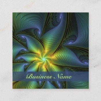 abstract star, shiny blue green golden fractal art square business card