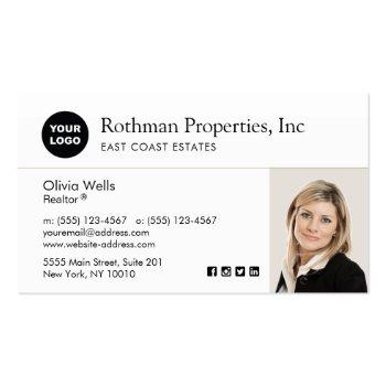 Small Add Logo Real Estate Agent White Photo Business Card Front View