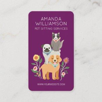 adorable floral dog & cat pet care services purple business card