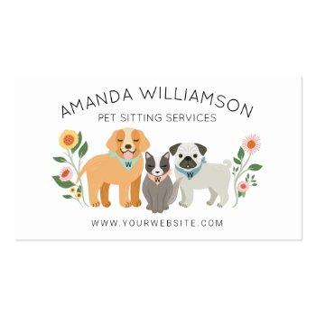 Small Adorable Floral Dog & Cat Pet Care Services White Business Card Front View