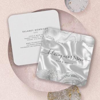 agate gray silver glitter luxury rounded corners square business card