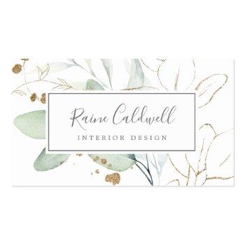 Small Airy Greenery And Gold Leaf Business Card Front View