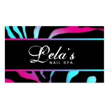 Small Animal Business Card Zebra Nail Salon Blue Pink Front View