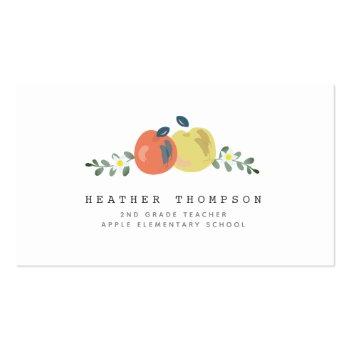 Small Apple Floral White Simple Teacher Business Card Front View