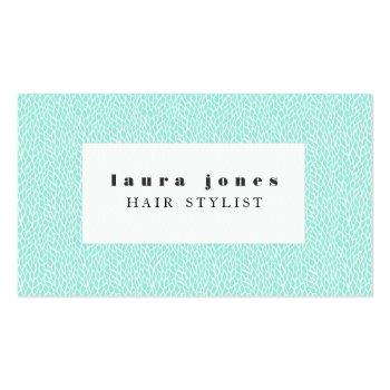 Small Aqua Leaves Pattern Hair Stylist Template Business Card Front View