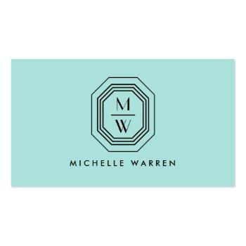 Small Art Deco Stacked Monogram Logo On Aqua Blue Business Card Front View