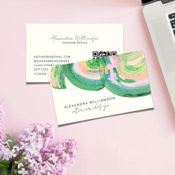 artsy abstract green watercolor marble qr code business card