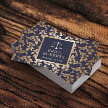 attorney at law luxury blue & gold damask lawyer business card