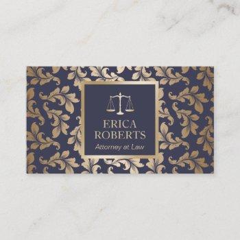 attorney at law luxury blue & gold damask lawyer business card