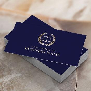 attorney lawyer gold scale of justice elegant navy business card