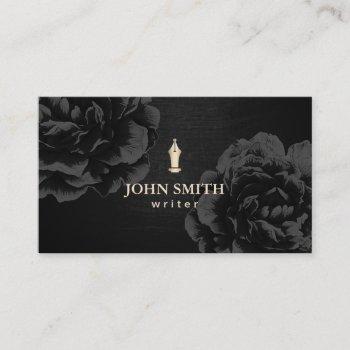 author writer gold pen nib elegant black floral business card
