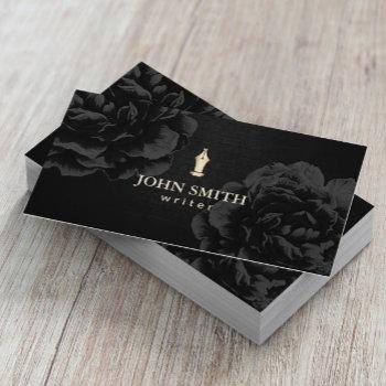 author writer gold pen nib elegant black floral business card