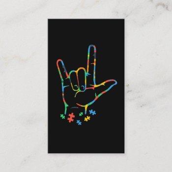 Small Autism Colorful Puzzle Asl Hand Sign Language Business Card Front View