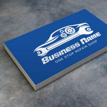 auto repair car & wrench blue mechanic business card