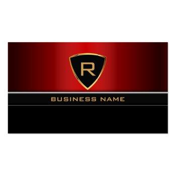 Small Auto Repair Royal Gold Shield Red Metal Business Card Front View