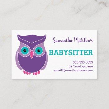 babysitter cute purple owl childcare provider business card