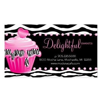 Small Bakery Business Card Zebra Pink Cupcake Heart Dots Front View