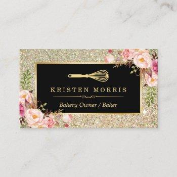 bakery chef whisk logo | floral gold glitter business card