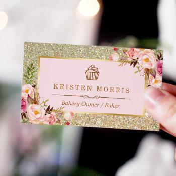 bakery cupcake logo | floral pink gold glitter business card