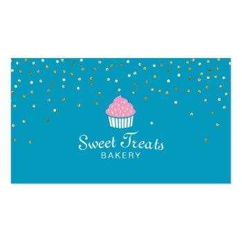 Small Bakery Cupcake Sweet Treats Confetti Turquoise Business Card Front View