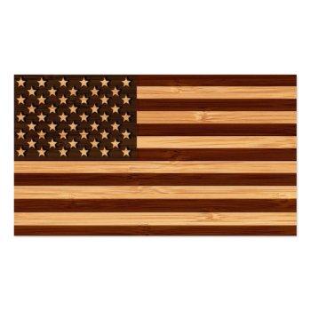Small Bamboo Look & Engraved Vintage American Usa Flag Business Card Front View