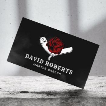 barber razor & red rose barbershop black hair business card