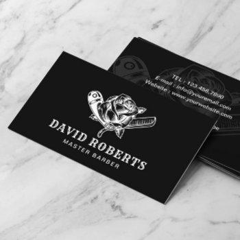 barber razor & rose logo barbershop plain black business card